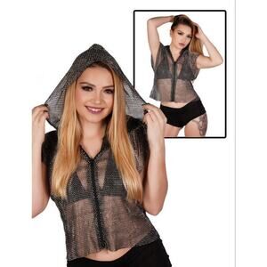 🦋B2G1🦋WESTERN FASHION Rhinestone Mesh Hooded ZipUp Sleeveless Top Unisex | O/S |